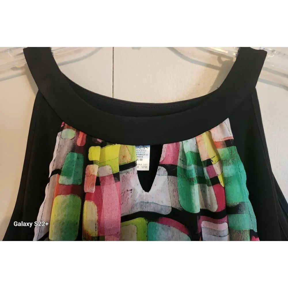 F9 Soft Works bright multicolored sheer lined tank blouse black contrast trim - Picture 7 of 11
